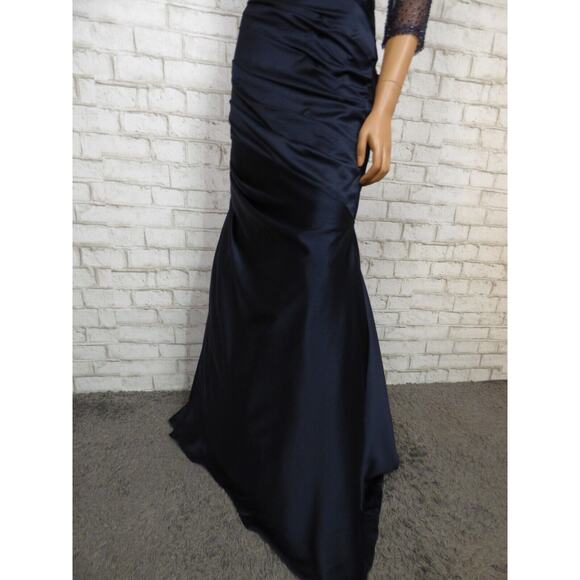 $558 La Femme 30138 Navy Blue Satin Ruched Trumpet Illusion Gown 12 NEW - Picture 11 of 16